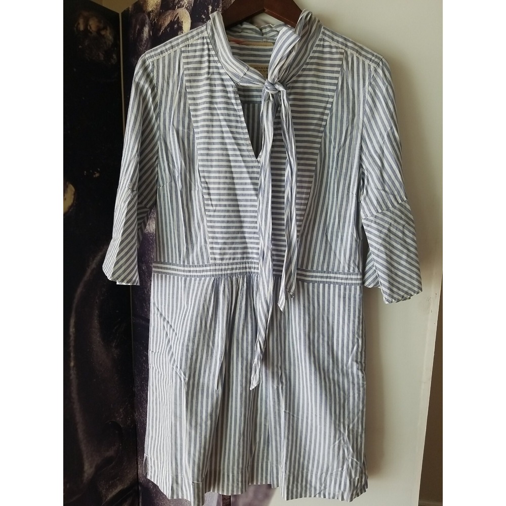 BURBERRY Women V Tie Neck Blue White Striped 3/4 Sleeve Cotton Dress US 10 TP01